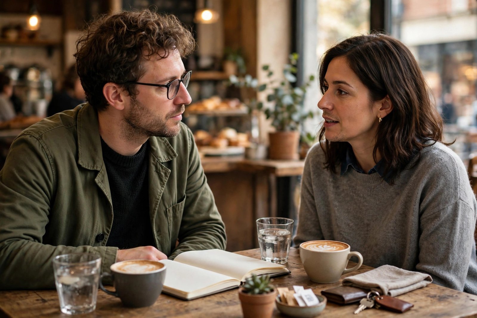 Two people talking over coffee with a notebook open, one listening carefully during a customer interview