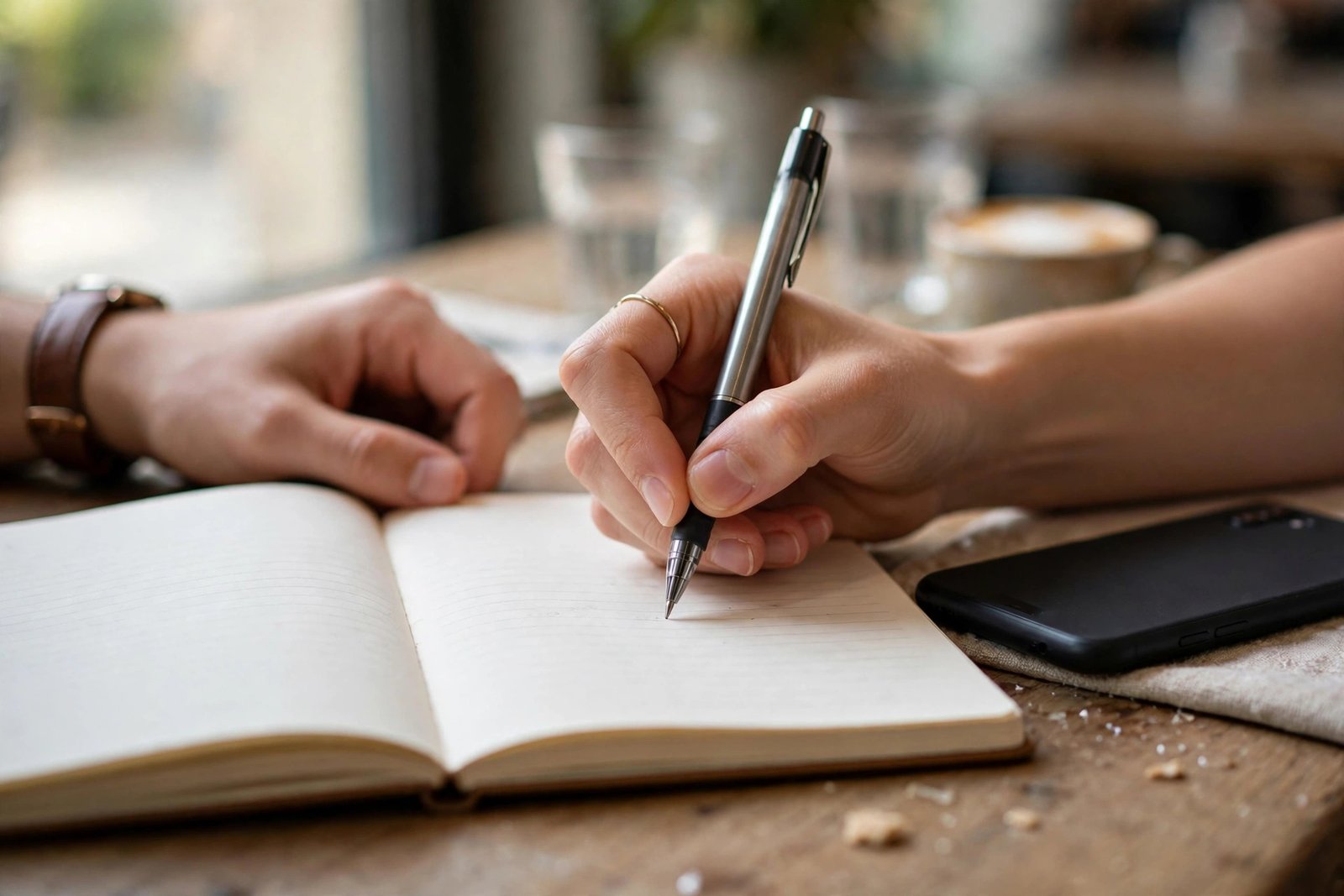 Hands taking notes during a customer conversation at a cafe table