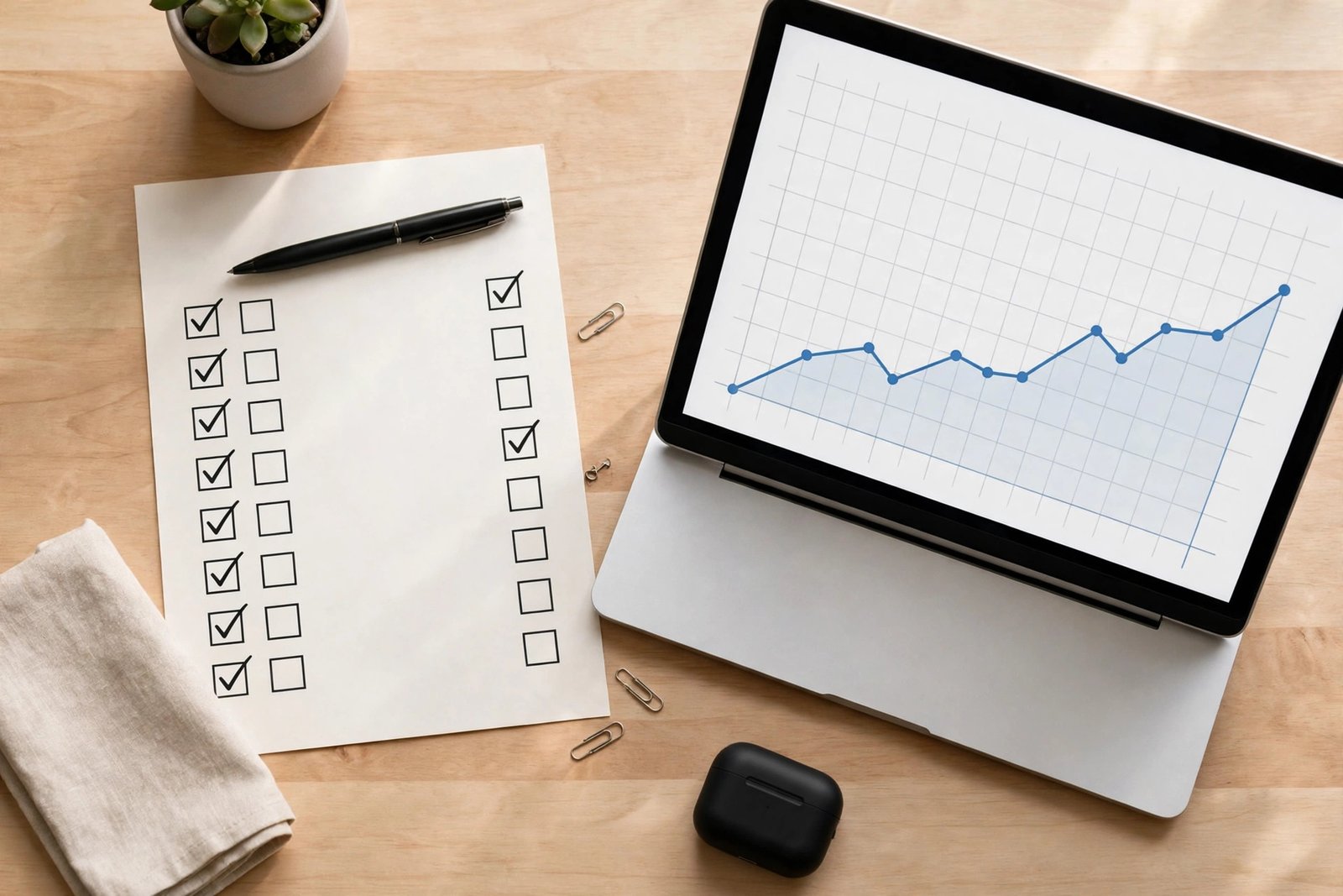 A checklist scorecard, pen, and laptop on a desk